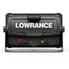 Lowrance Elite FS 12 back view, showcasing input ports and branding for fishing technology.