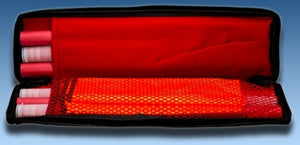 Open carrying case showing six 30-minute road flares secured in a red polyester bag with a mesh pocket.